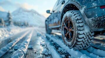 ai generado coche en invierno la carretera cubierto con nieve a puesta de sol. de cerca foto