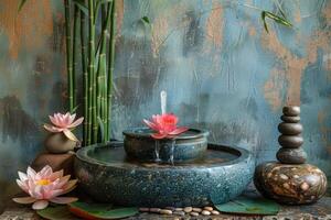 AI generated Still life of a spa featuring a bamboo fountain and lotus photo