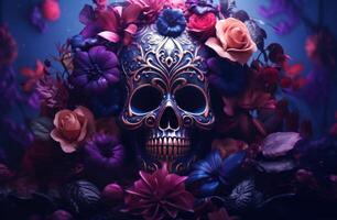 AI generated an elegant colorful day of the dead skull and flower decoration on purple background photo