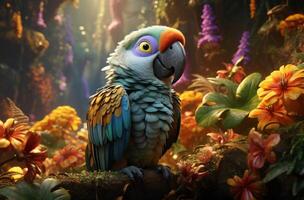 AI generated A vibrant parrot perched amidst lush greenery. photo