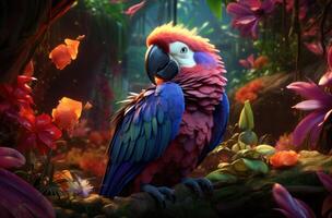 AI generated A vibrant parrot perched amidst lush greenery. photo
