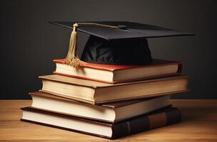 ai generado un graduación gorra en un apilar de libros foto