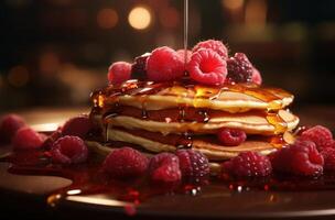 AI generated a stack of pancakes on a table with raspberries and maple syrup photo