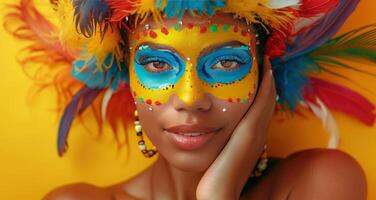AI generated a brightly colored woman with colorful hair and face mask posing over yellow background photo