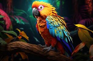 AI generated a colorful parrot is sitting on top of a leaf, photo