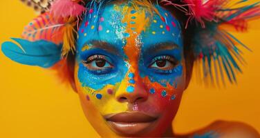 AI generated a brightly colored woman with colorful hair and face mask posing over yellow background photo