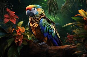 AI generated a colorful parrot is sitting on top of a leaf, photo