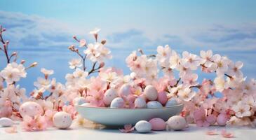 AI generated a table with many colorful egg nestled on a blue flowerfilled table photo