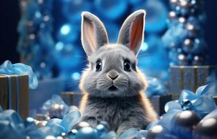 AI generated easter bunny in plastic gift box with presents photo
