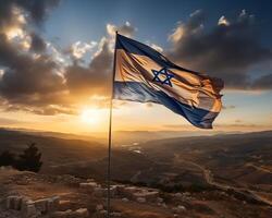 AI generated Israel flag on a flagpole on a hill against the background of dawn photo