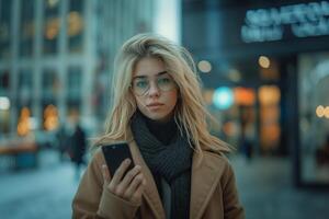 AI generated Beautiful young woman using mobile phone in the city at the evening photo