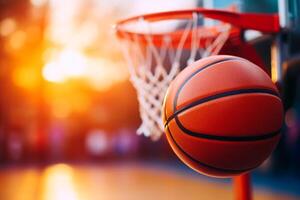 AI generated basketball ball flies into a basketball hoop. photo