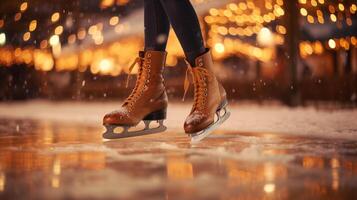ai generado hembra piernas en patines en hielo, de cerca, bokeh desde luces foto