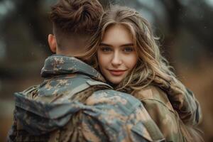 AI generated a young happy girl hugs her military boyfriend who returned from the war photo