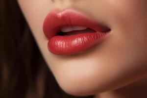 AI generated female lips with red lipstick, close-up photo