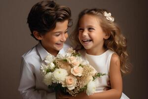 ai generado alegre Pareja chico y niña con un hermosa ramo de flores de flores, amar, san valentin día foto