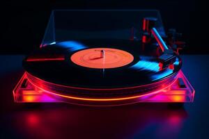 AI generated Turntable playing vinyl with red and blue light photo