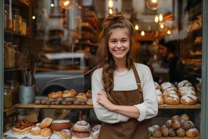 ai generado contento joven niña panadero en pie a el panadería mostrador con Fresco horneado bienes, pequeño negocio concepto foto