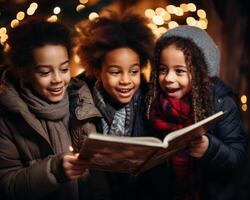 AI generated Cheerful children sing carols on the street photo