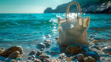 ai generado saco de conchas marinas en el costa a atardecer, playa bolso y conchas marinas en el costa foto