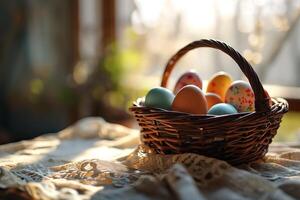 AI generated multi-colored Easter eggs in a wicker basket on a table with a willow sprig, Easter mood photo