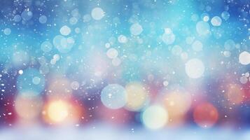 AI generated Christmas background, blue snowflakes, blur, bokeh photo