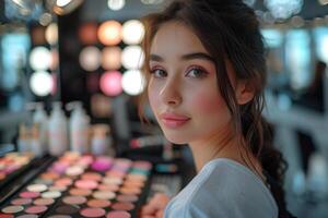 AI generated female consultant stands in front of a counter with cosmetics in a shopping center photo