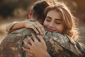 AI generated A young girl hugs her military boyfriend and sees him off to war photo