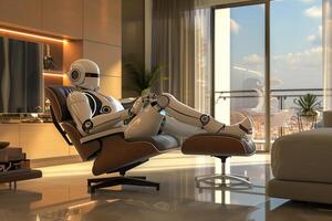 AI generated Futuristic robot in a modern interior resting in a chair photo