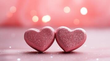 AI generated two pink hearts on a pink background with sparkles. Valentine's Day background photo