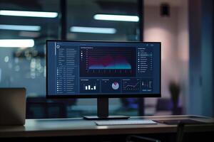 ai generado negocio grafico en computadora pantalla en oscuro oficina foto