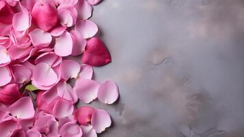 ai generado hermosa antecedentes con rosado Rosa pétalos en un gris hormigón antecedentes. romance, amar, San Valentín día, internacional De las mujeres día. foto