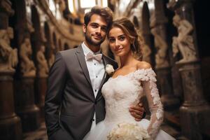 ai generado hermosa Boda pareja, novia y novio posando en un grande majestuoso salón con estatuas foto