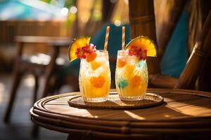 AI generated delicious cocktails on a wicker table against the backdrop of a tropical beach photo