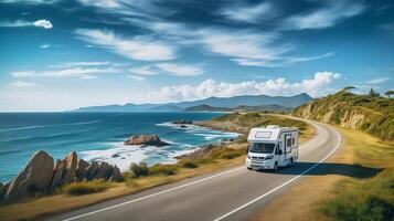 AI generated white van motorhome moves along the highway along the sea, family travel concept photo