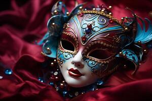 AI generated Venetian carnival mask and beaded decoration on a red background photo