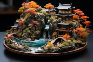 ai generado 3d hacer de japonés jardín y pagoda en negro antecedentes foto