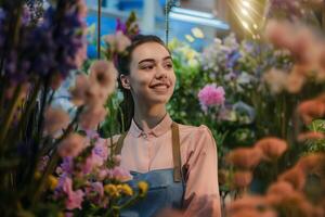 ai generado joven hembra florista sonriente entre flores en un flor tienda foto