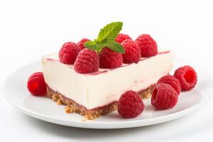 AI generated cheesecake with raspberries on a plate on an isolated or white background photo