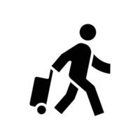 Traveler man icon. Simple solid style. Passenger pulling rolling bag, business trip, vacation, tourism concept. Black silhouette, glyph symbol. Vector illustration isolated.