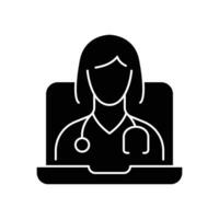 telemedicina icono. sencillo sólido estilo. telesalud virtual visita, vídeo visitar con hembra médico en ordenador portátil computadora, cuidado de la salud concepto. negro silueta, glifo símbolo. vector ilustración aislado.