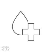 Clear water icon. Simple outline style. Plus, drop water, medical, emergency, infusion, addition, cross, nature, health concept. Thin line symbol. Vector illustration isolated. Editable stroke.