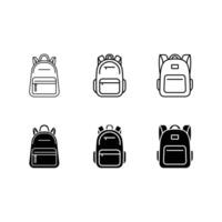 mochila icono colocar. sencillo contorno y sólido estilo. bolsa, escuela, atrás, embalar, bolsa para la escuela, mochila, estudiante concepto. Delgado línea, silueta, glifo símbolo. vector ilustración aislado.