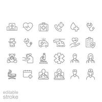 Hospital and medical care icon set. Simple outline style. Health, hospital, medical, doctor, patient, nurse, healthcare concept. Thin line symbol. Vector illustration isolated. Editable stroke.