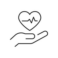 Prevent heart attack icon. Simple outline style. Heart health cardiology care, prevention, hand with heart pulse, safety concept. Thin line symbol. Vector illustration isolated.