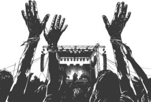 AI generated Silhouette hands raised at a music festival black color only vector