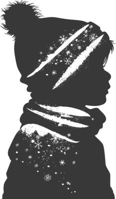 AI generated Silhouette little boy with snow scarf black color only