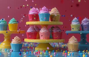 AI generated colorful cupcakes made with confetti and cupcake stand tables of several colors photo