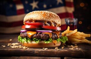 ai generado hamburguesa en el mesa con americano bandera a el lado foto