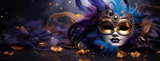 ai generado carnaval máscara en azul y púrpura color antecedentes con plumas foto